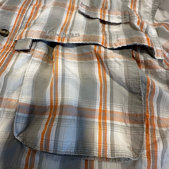 LL Bean Mens Medium Regular Vented Back Grey/orange plaid Button Up Seersucker. - Picture 7 of 16